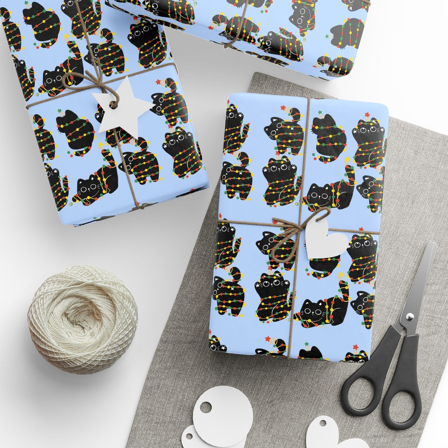 Naughty Kitten Pattern Wrapping Paper Roll – Festive Black Cats on Sky Blue (Gift Wrap)