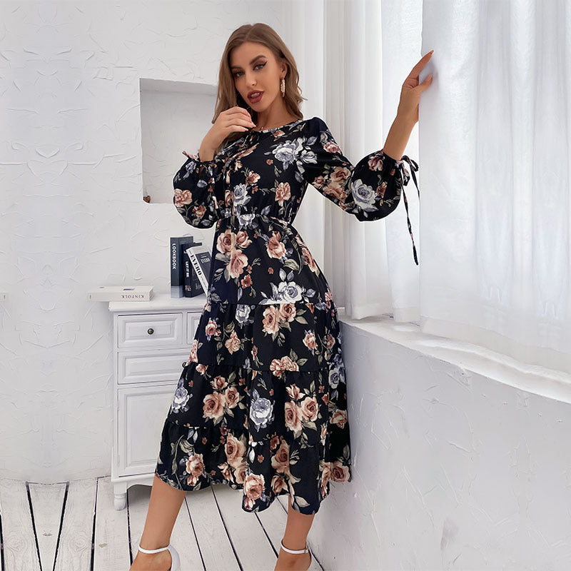 Floral Print Dress Women's, Crew-neck, Long-sleeve