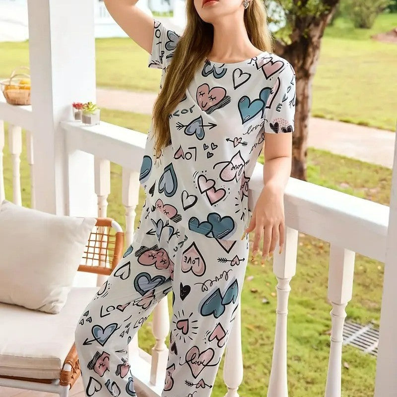 New Women's Printed Pajama Set/ with Short Sleeves and Long Pants