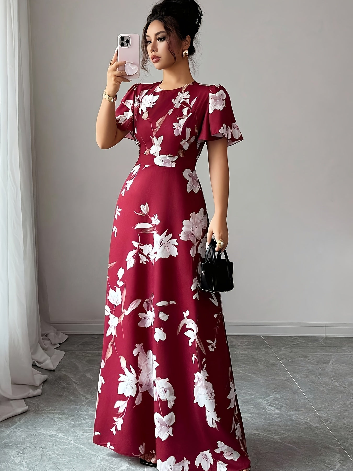 Floral Waist-cinching Dress, Crew-neck, Short-sleeve