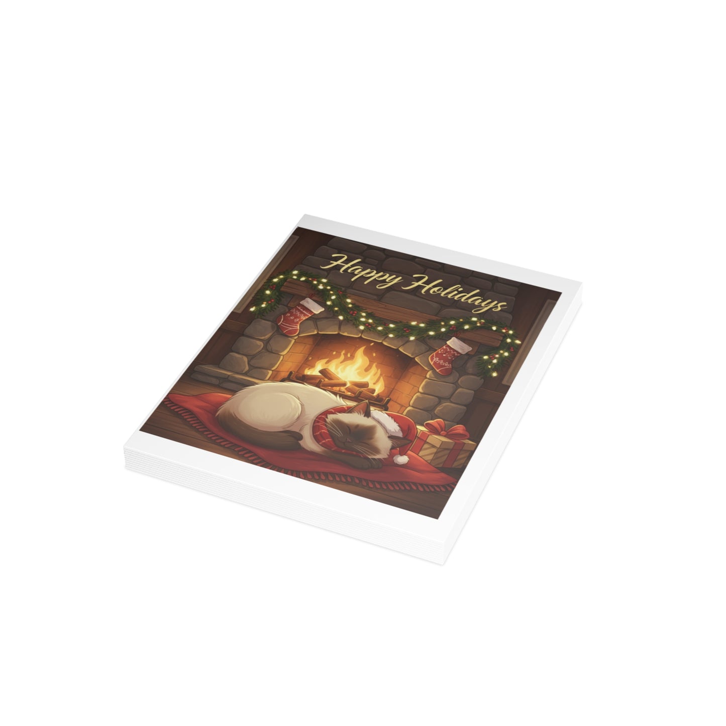 Holiday Fireplace Greeting Card — "Happy Holidays" Cat by the Fire (Single or Multipack)