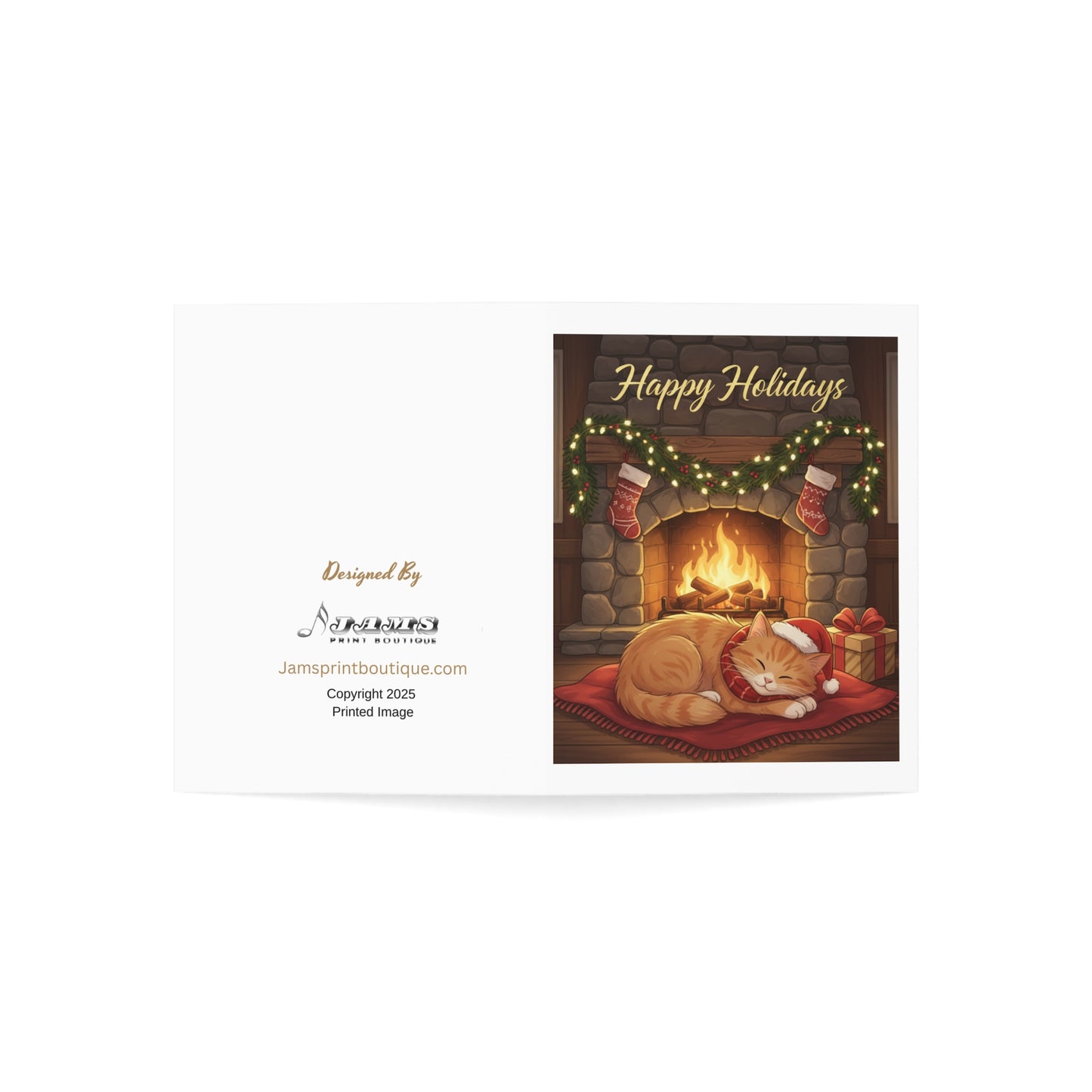 Holiday Cat Greeting Card – "Happy Holidays" Cozy Fireplace Christmas Card (Single or Multipack)