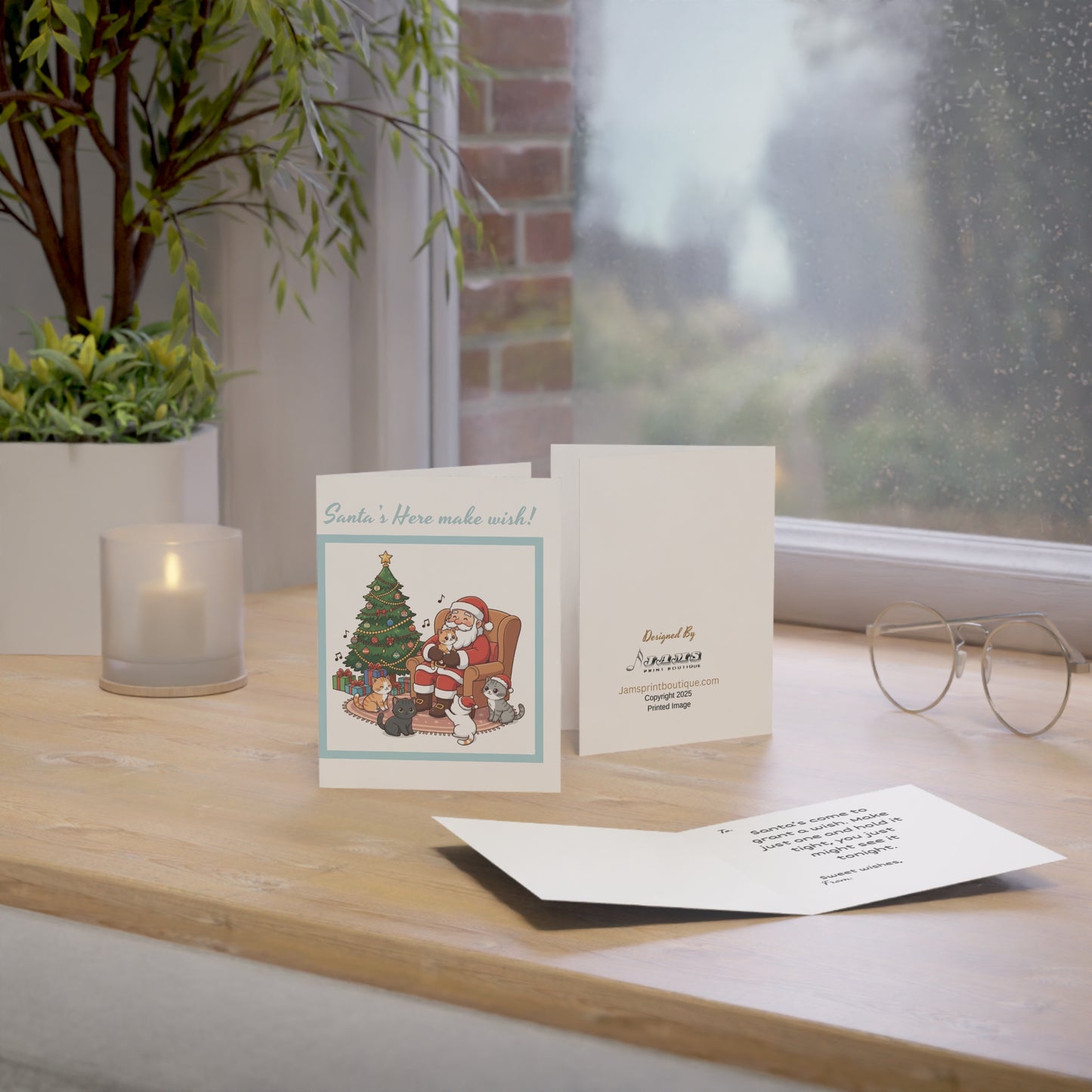Christmas Cards – “Santa’s Here, Make a Wish!” Santa with Cats Holiday Greeting Card (Single or Multipack)
