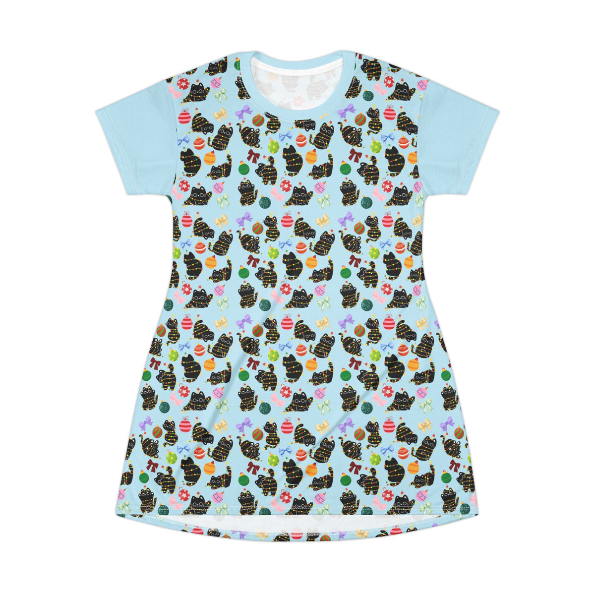 Cute Black Cat Pattern — Pastel Kitten Print/  T‑Shirt Dress