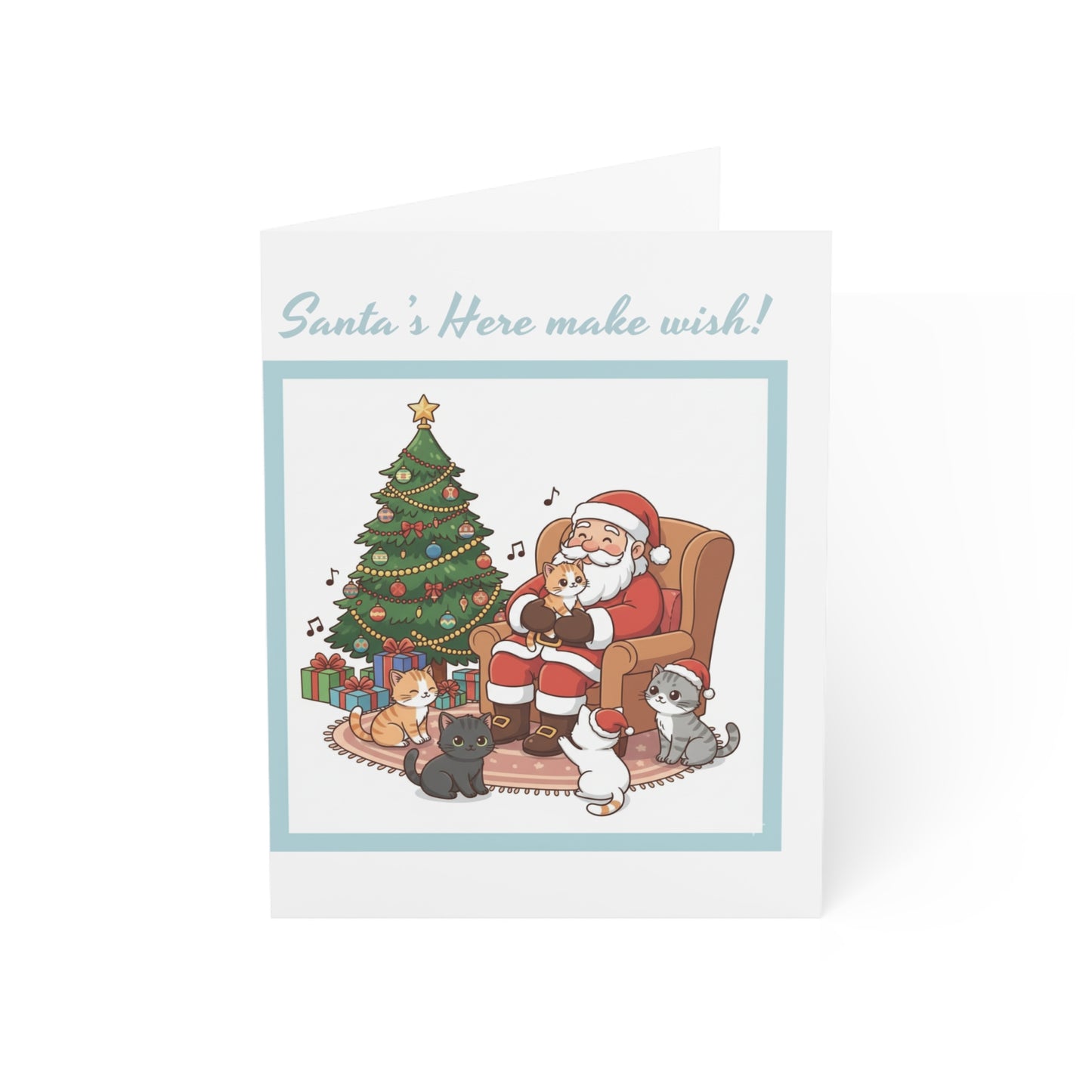 Christmas Cards – “Santa’s Here, Make a Wish!” Santa with Cats Holiday Greeting Card (Single or Multipack)