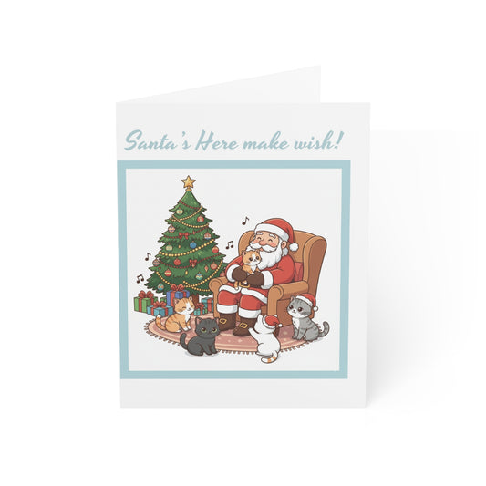 Christmas Cards – “Santa’s Here, Make a Wish!” Santa with Cats Holiday Greeting Card (Single or Multipack)