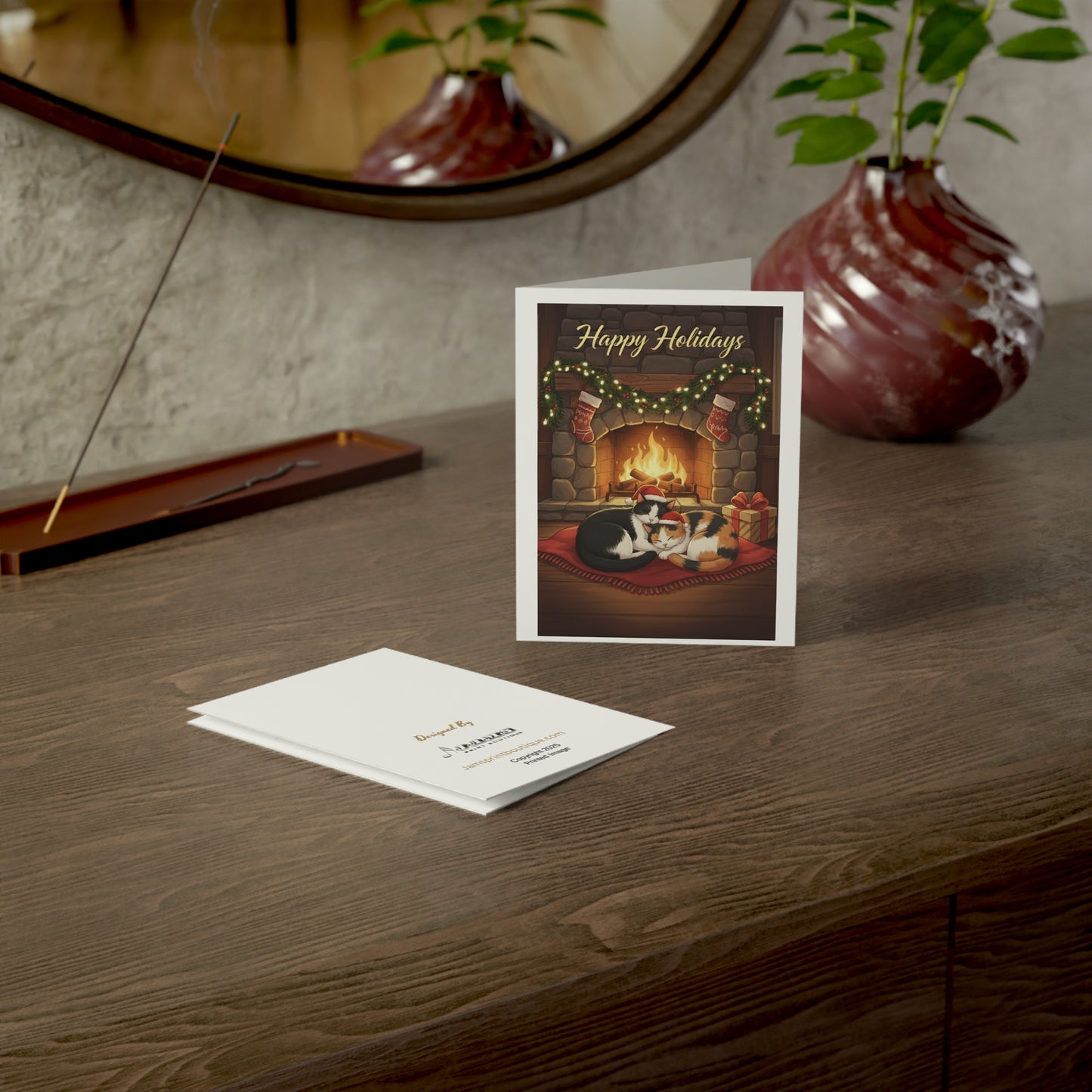 Happy Holidays Cat Fireplace Greeting Cards — Cozy Holiday Cards (Single or Multipack)