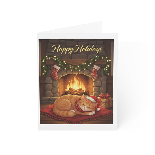 Holiday Cat Greeting Card – "Happy Holidays" Cozy Fireplace Christmas Card (Single or Multipack)
