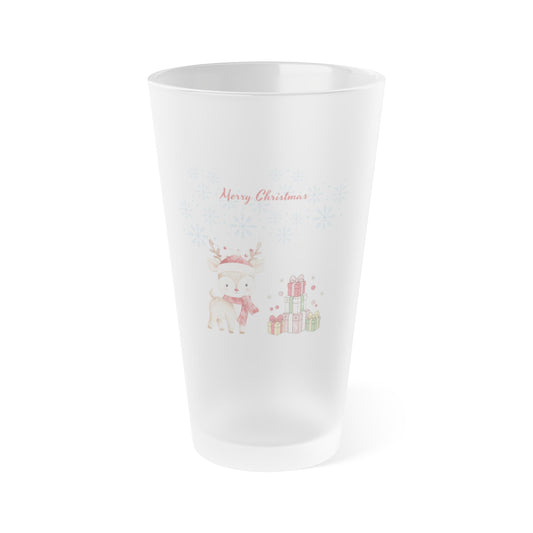 Christmas Reindeer Frosted Pint Glass — 16oz Holiday Tumbler