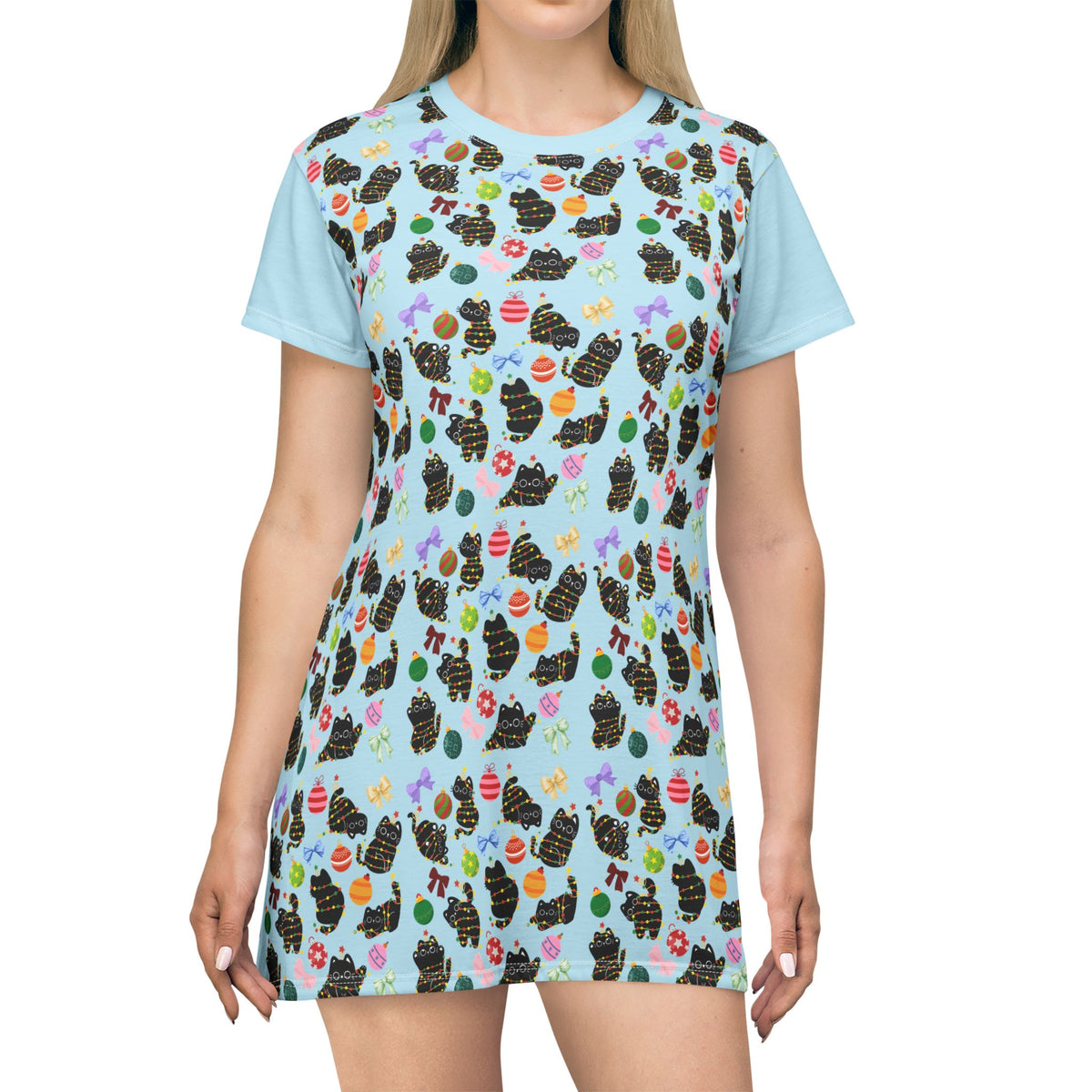 Cute Black Cat Pattern — Pastel Kitten Print/  T‑Shirt Dress