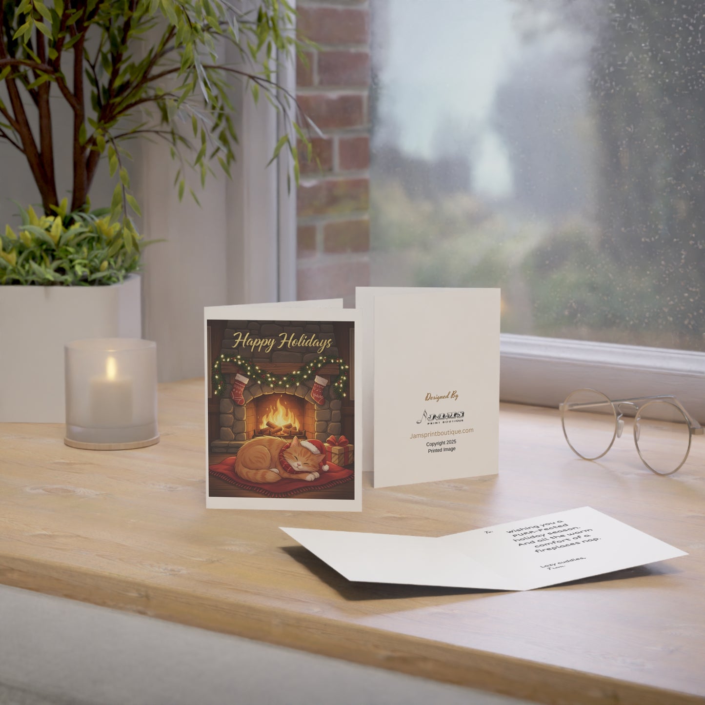 Holiday Cat Greeting Card – "Happy Holidays" Cozy Fireplace Christmas Card (Single or Multipack)