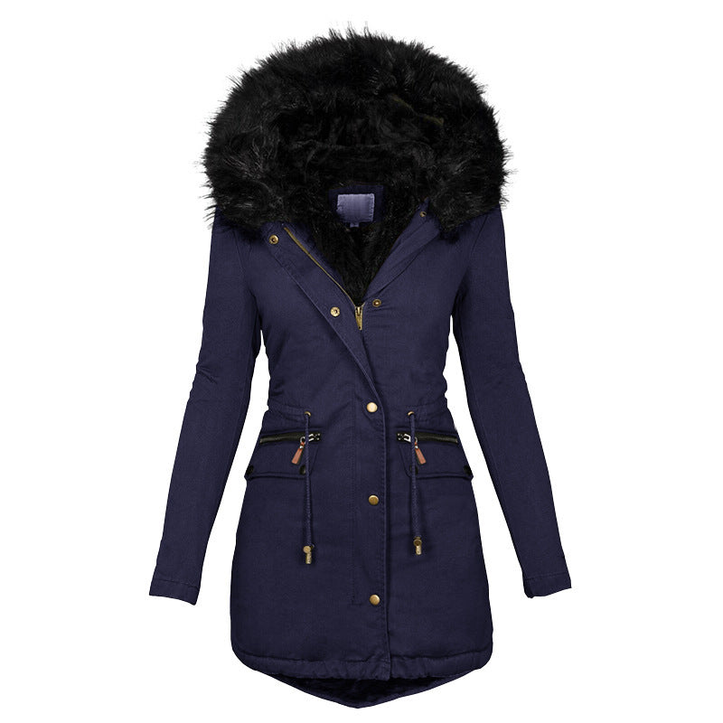 Women's Plush Hooded Parkas/ Thick Zip-up Jackets/ Solid Buckle Pockets Coat