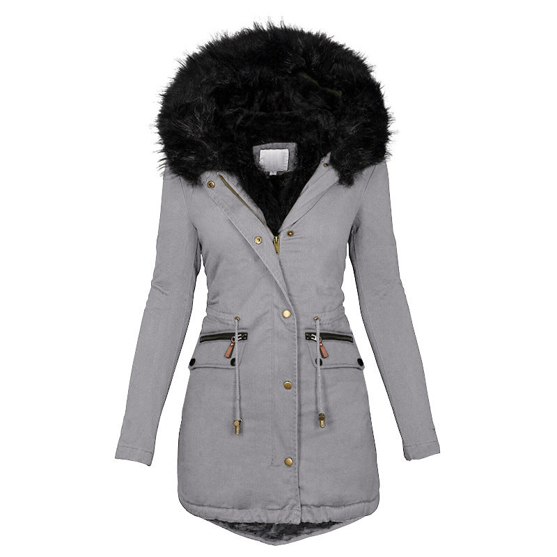 Women's Plush Hooded Parkas/ Thick Zip-up Jackets/ Solid Buckle Pockets Coat