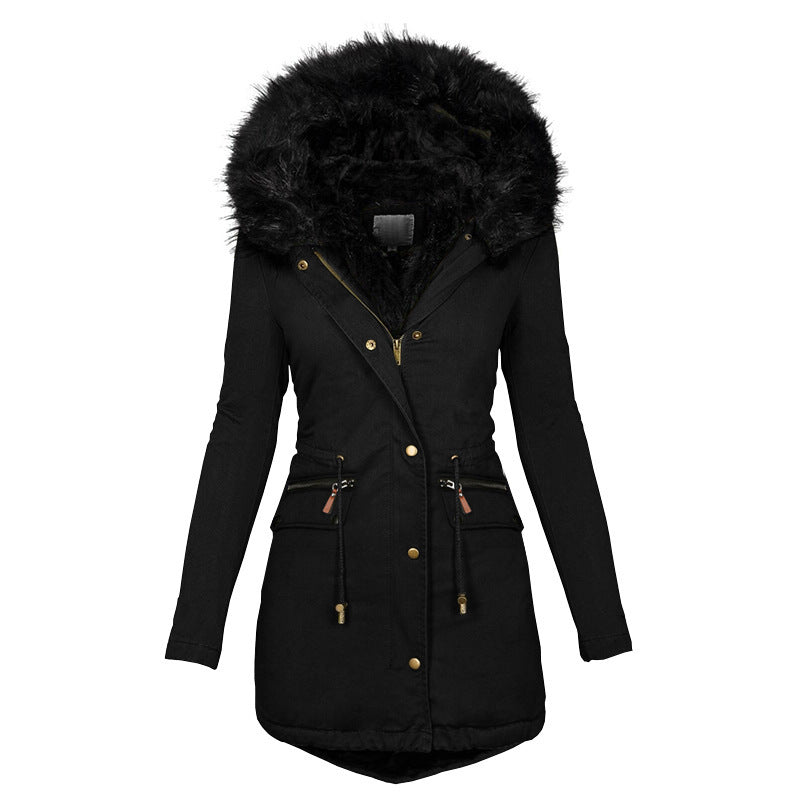 Women's Plush Hooded Parkas/ Thick Zip-up Jackets/ Solid Buckle Pockets Coat
