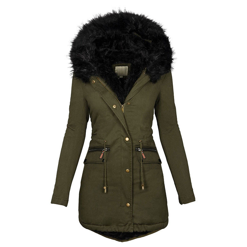 Women's Plush Hooded Parkas/ Thick Zip-up Jackets/ Solid Buckle Pockets Coat