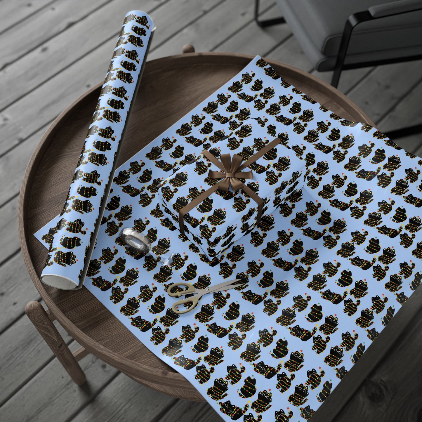 Naughty Kitten Pattern Wrapping Paper Roll – Festive Black Cats on Sky Blue (Gift Wrap)