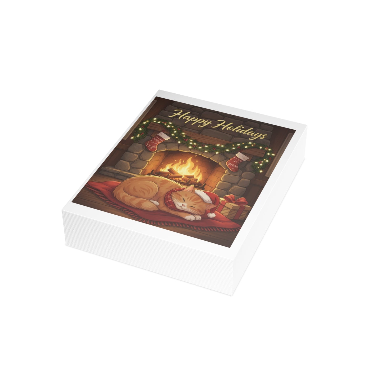 Holiday Cat Greeting Card – "Happy Holidays" Cozy Fireplace Christmas Card (Single or Multipack)