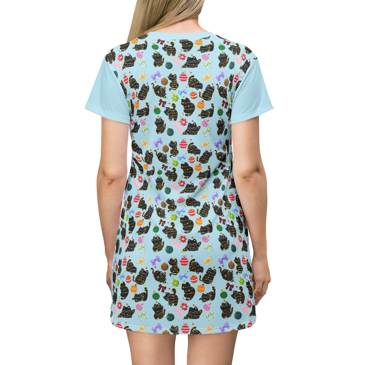 Cute Black Cat Pattern — Pastel Kitten Print/  T‑Shirt Dress