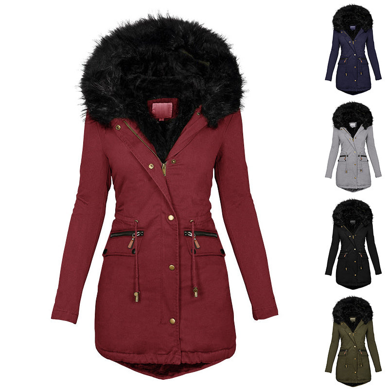 Women's Plush Hooded Parkas/ Thick Zip-up Jackets/ Solid Buckle Pockets Coat