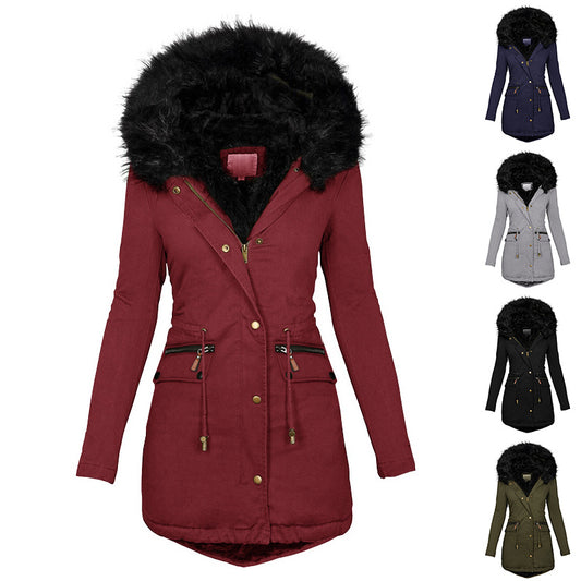 Women's Plush Hooded Parkas/ Thick Zip-up Jackets/ Solid Buckle Pockets Coat