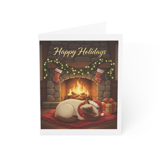 Holiday Fireplace Greeting Card — "Happy Holidays" Cat by the Fire (Single or Multipack)