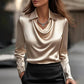 Camisas y blusas drapeadas con cuello swing Elegante color sólido