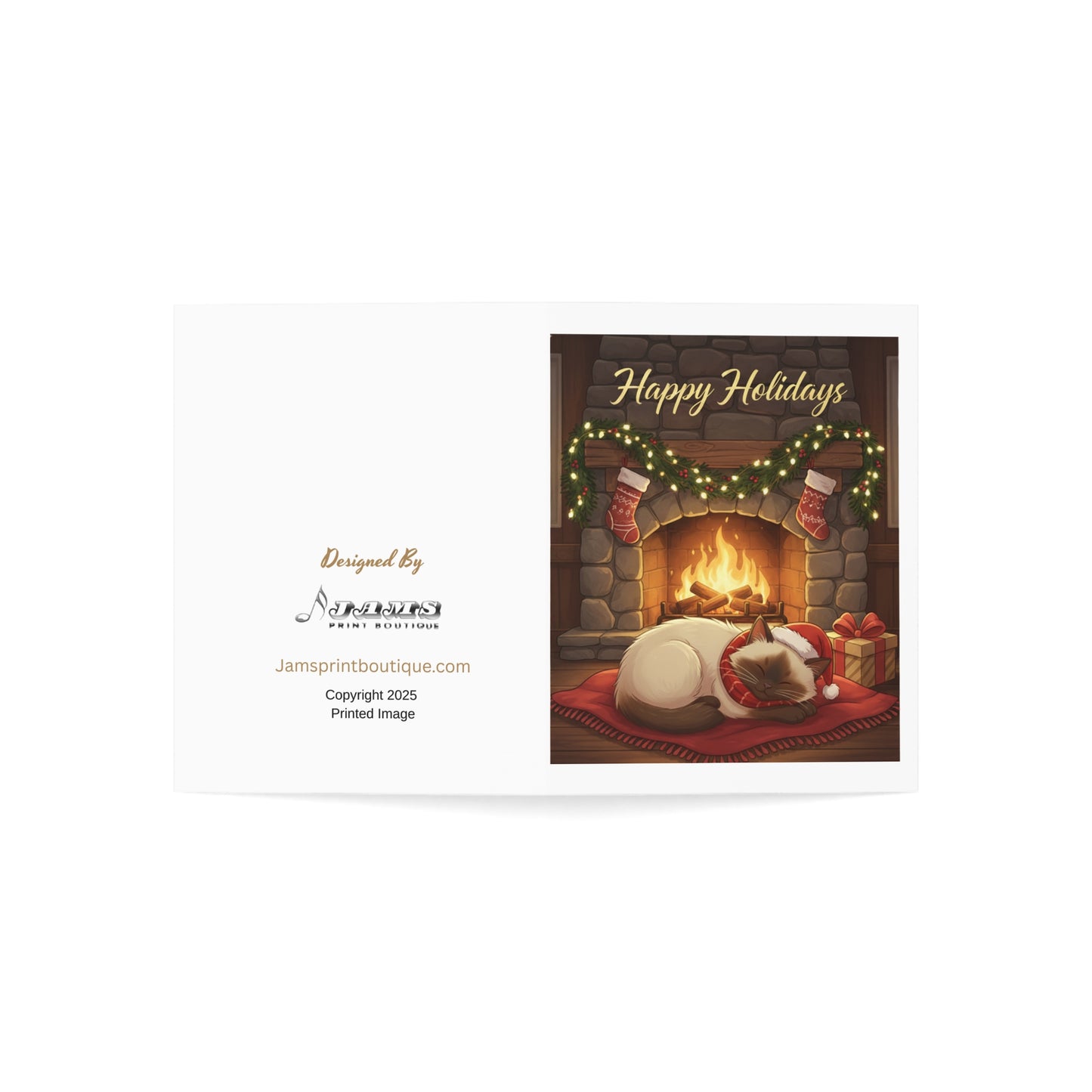 Holiday Fireplace Greeting Card — "Happy Holidays" Cat by the Fire (Single or Multipack)