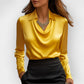 Camisas y blusas drapeadas con cuello swing Elegante color sólido