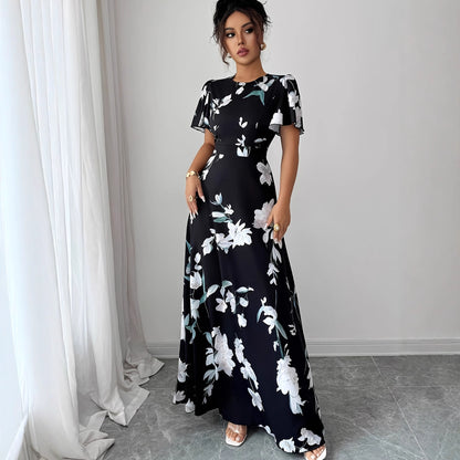 Floral Waist-cinching Dress, Crew-neck, Short-sleeve