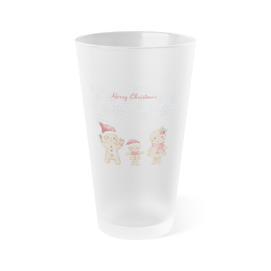 Frosted Pint Glass – Cute Christmas Gingerbread Family 16oz Tumbler