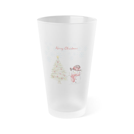 Frosted 16oz Pint Glass — Holiday Tree & Snowman 'Merry Christmas' Tumbler