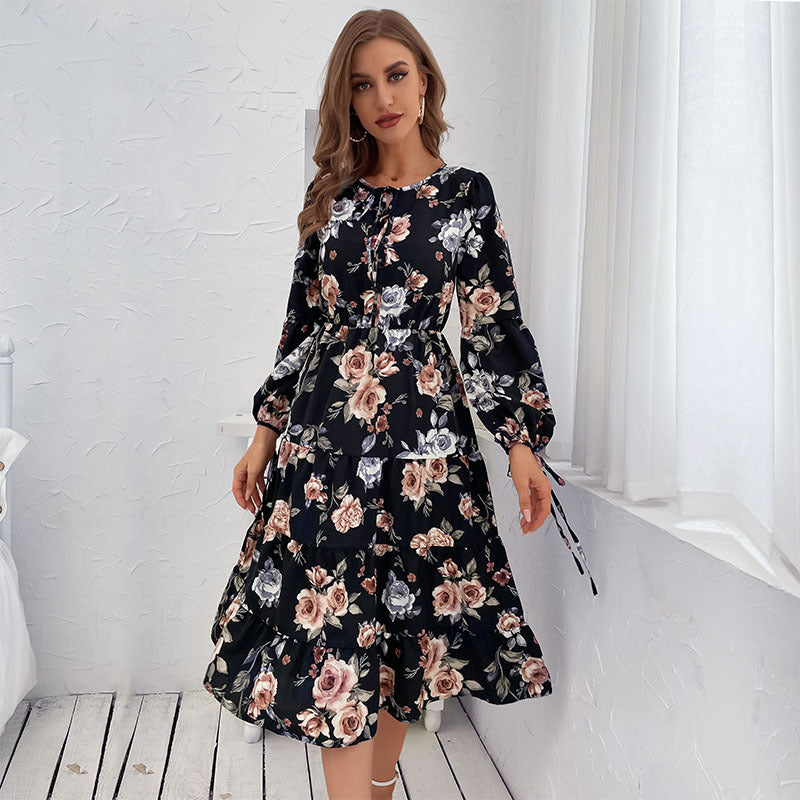 Floral Print Dress Women's, Crew-neck, Long-sleeve
