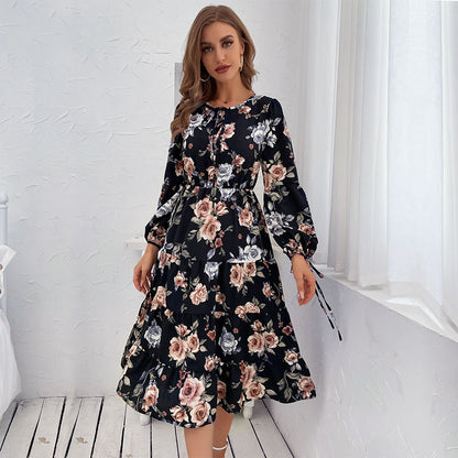 Floral Print Dress Women's, Crew-neck, Long-sleeve