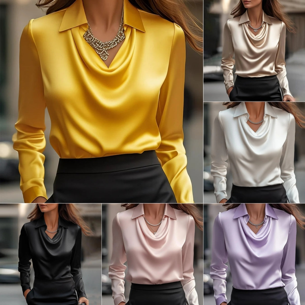 Camisas y blusas drapeadas con cuello swing Elegante color sólido