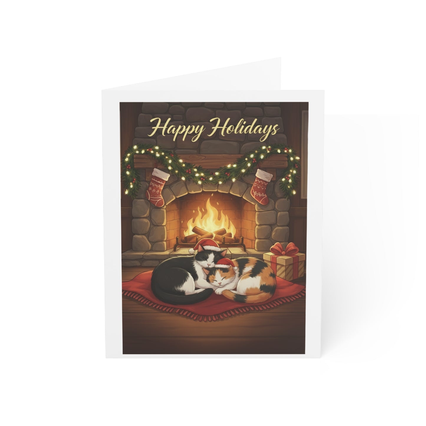 Happy Holidays Cat Fireplace Greeting Cards — Cozy Holiday Cards (Single or Multipack)