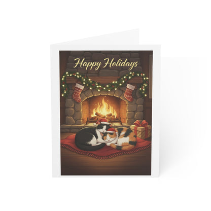 Happy Holidays Cat Fireplace Greeting Cards — Cozy Holiday Cards (Single or Multipack)