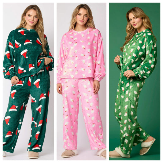 Flannel Pajama Sets with Santa hats and Santa faces