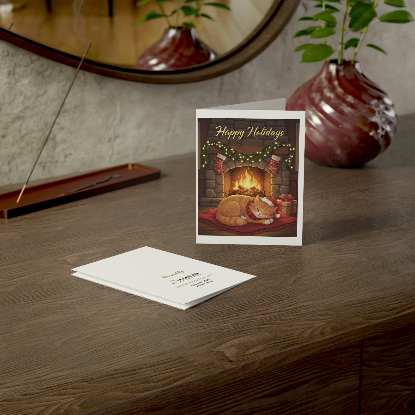 Holiday Cat Greeting Card – "Happy Holidays" Cozy Fireplace Christmas Card (Single or Multipack)