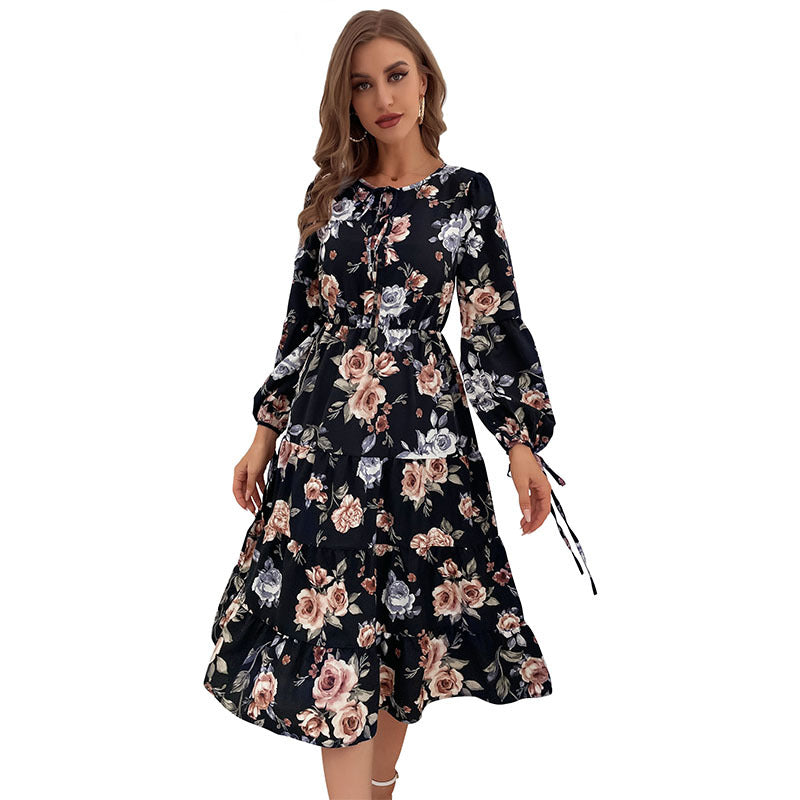 Floral Print Dress Women's, Crew-neck, Long-sleeve