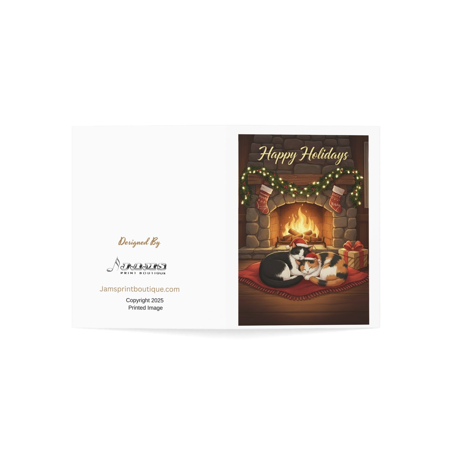 Happy Holidays Cat Fireplace Greeting Cards — Cozy Holiday Cards (Single or Multipack)