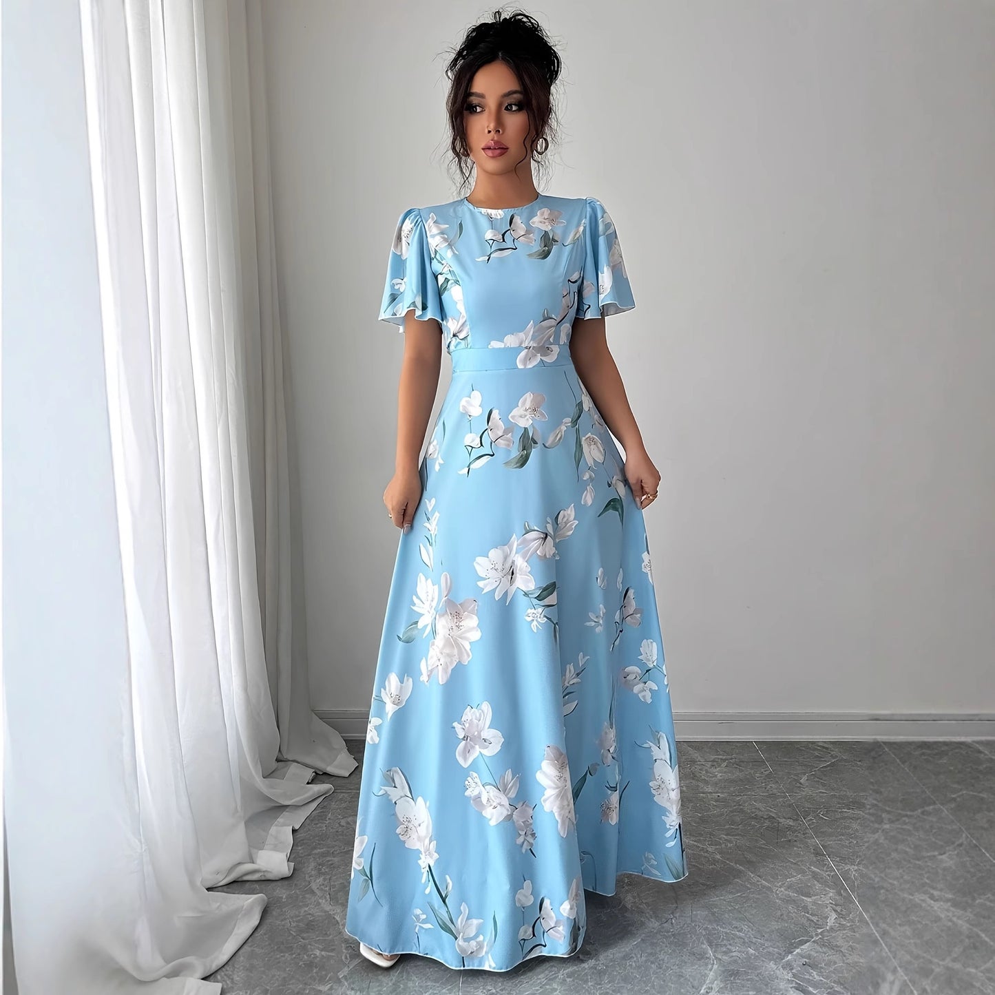 Floral Waist-cinching Dress, Crew-neck, Short-sleeve