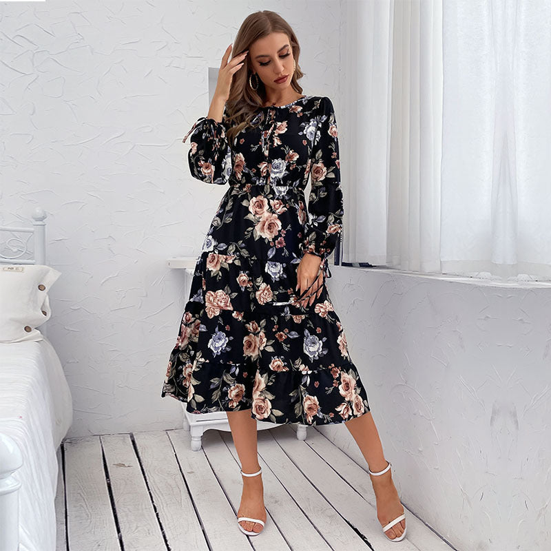 Floral Print Dress Women's, Crew-neck, Long-sleeve