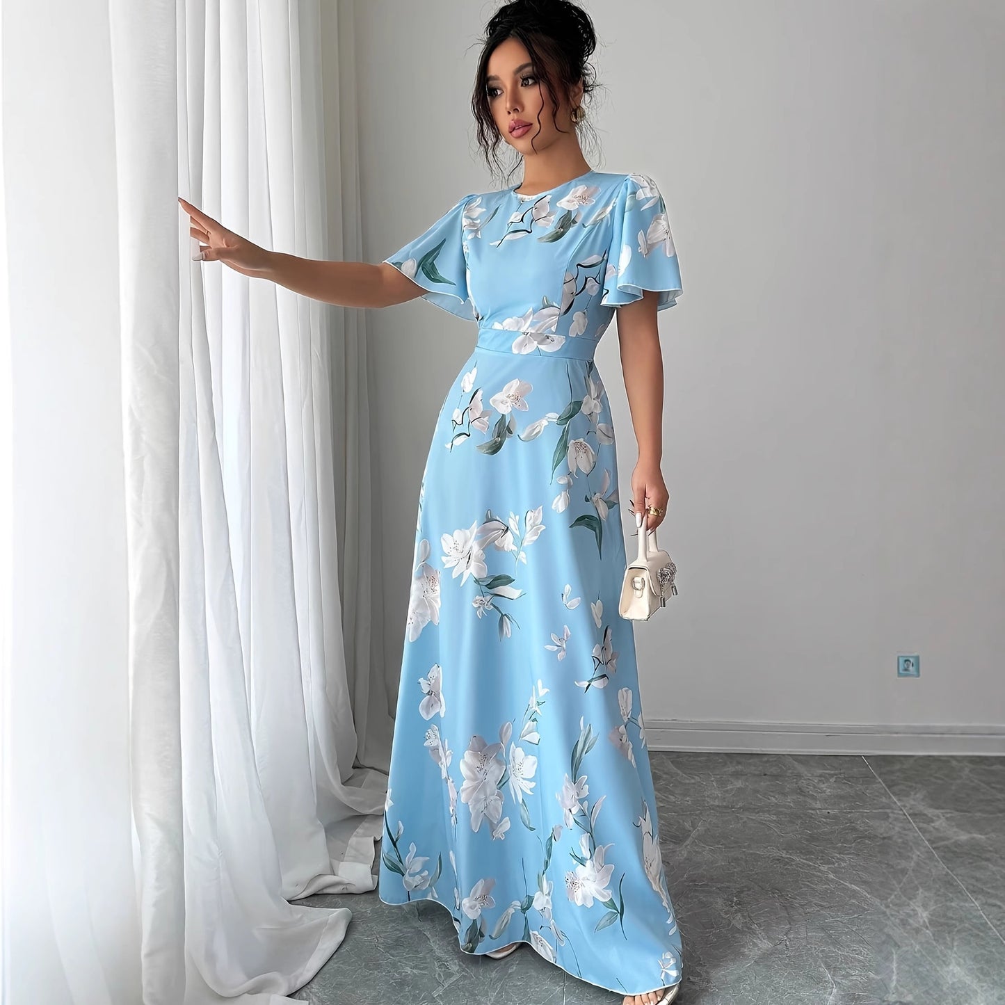 Floral Waist-cinching Dress, Crew-neck, Short-sleeve