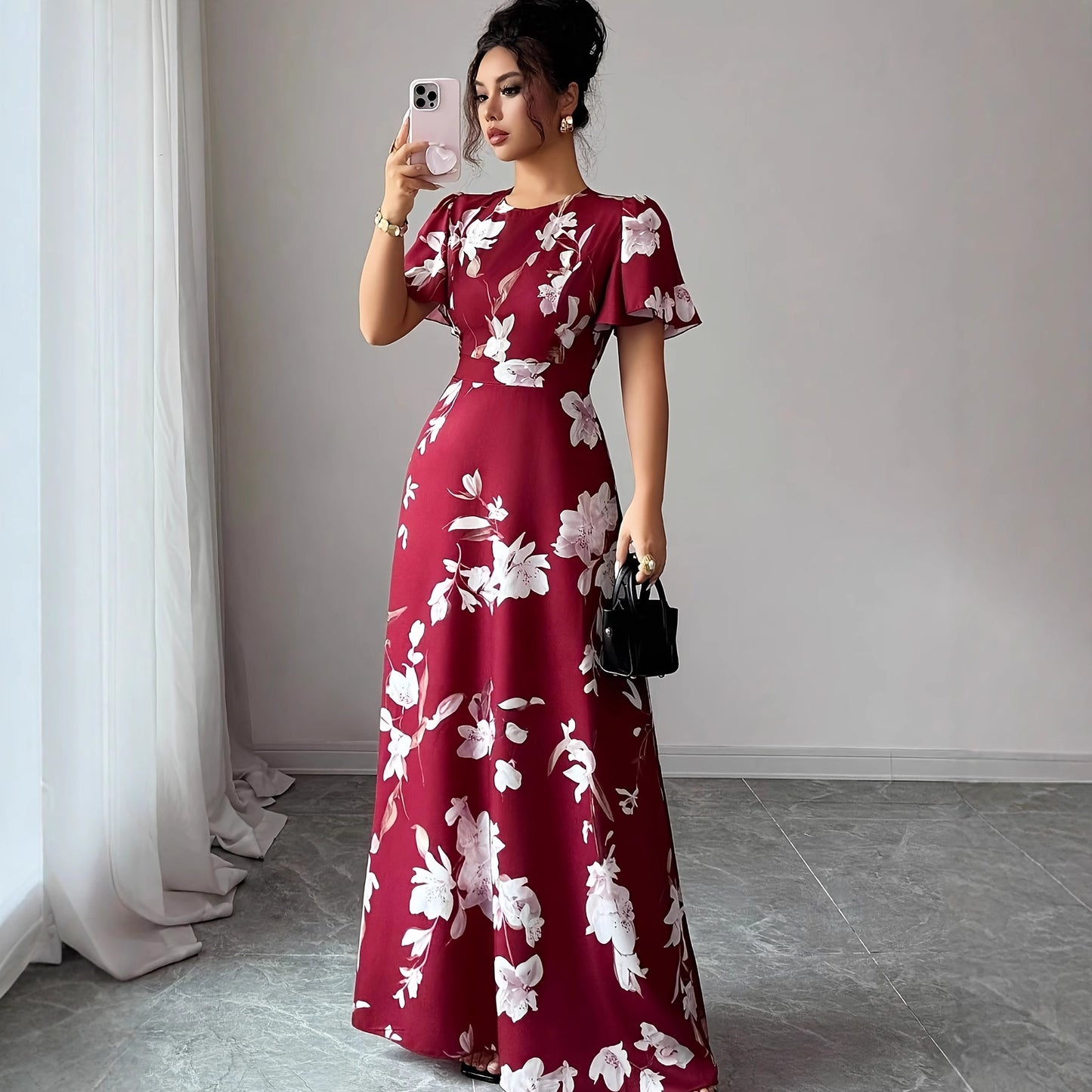Floral Waist-cinching Dress, Crew-neck, Short-sleeve
