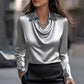 Camisas y blusas drapeadas con cuello swing Elegante color sólido
