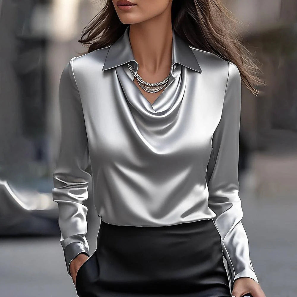 Camisas y blusas drapeadas con cuello swing Elegante color sólido