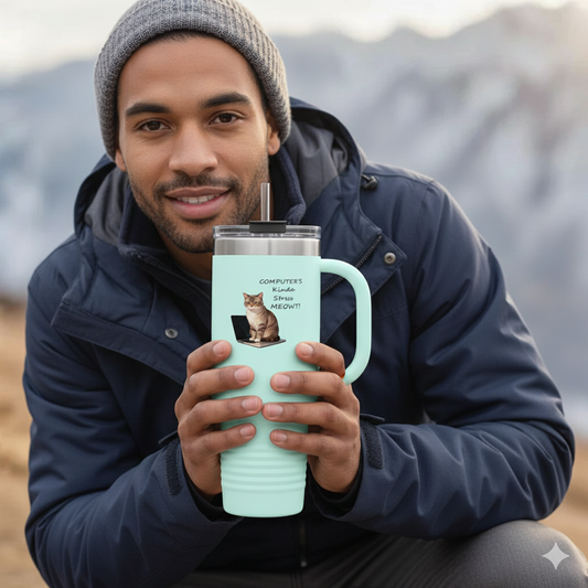Insulated Travel Mug 40oz — "Computers Kinda Stress Meowt" Cat Design
