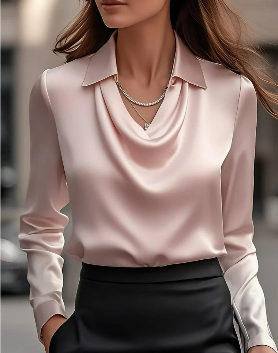 Camisas y blusas drapeadas con cuello swing Elegante color sólido