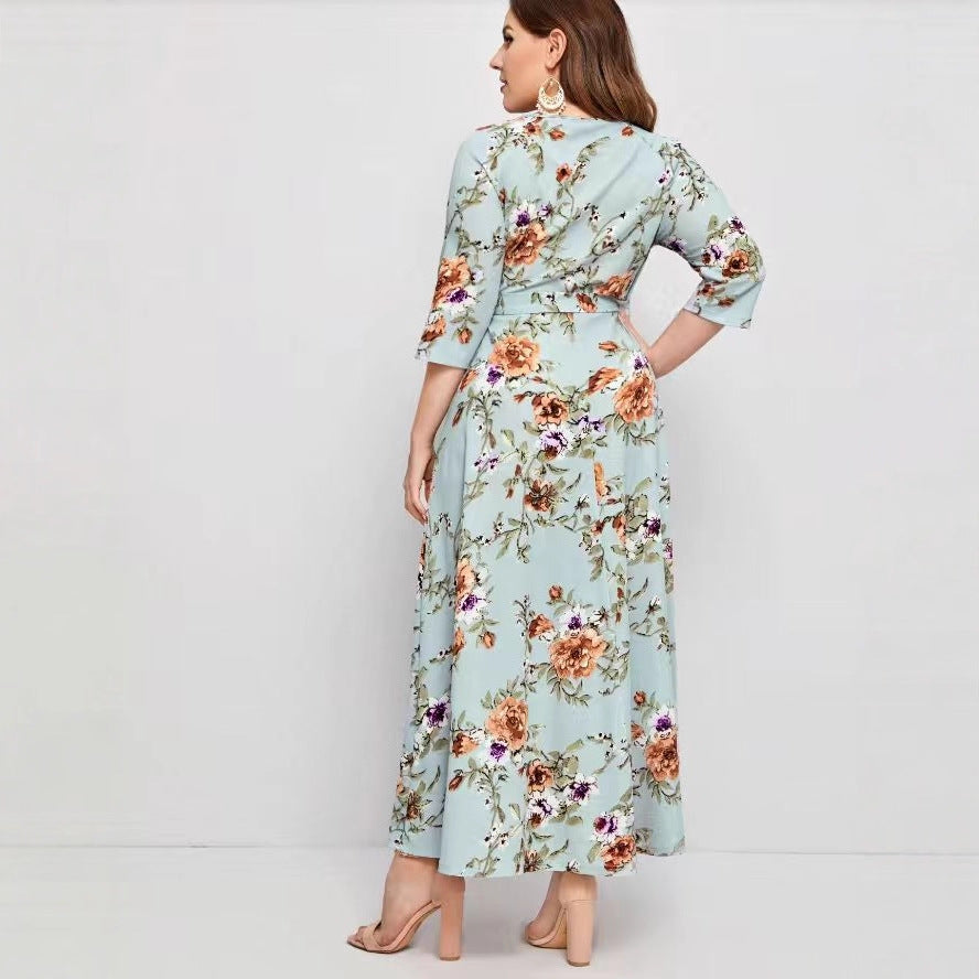 Women's V-neck Rose-Floral Dress plus size