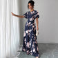 Floral Waist-cinching Dress, Crew-neck, Short-sleeve